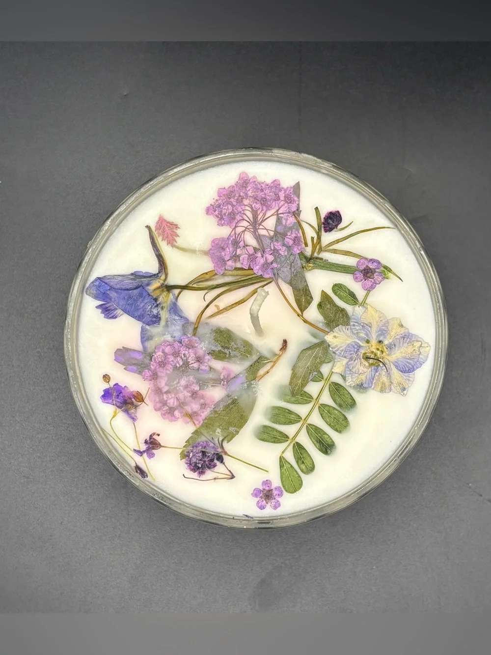 Floral Soy Candle in Pressed Glass Dish with Lid - Cream
